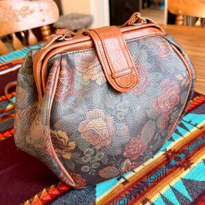 Vintage Floral Rose Patterned Purse with Brown Leather Trim